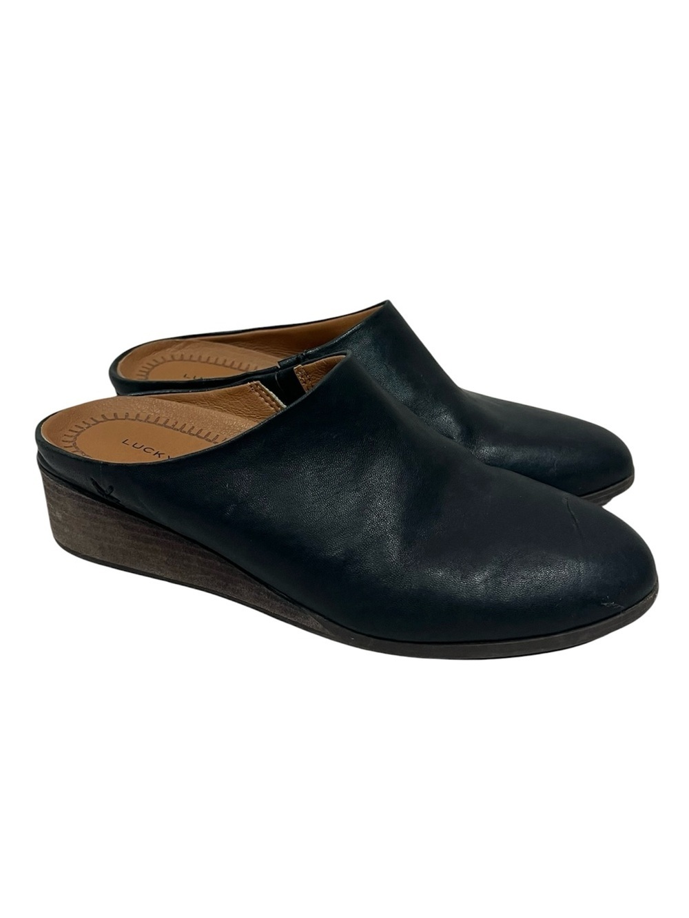 Lucky Brand Slip On Polona Black Leather Mules Clogs Wedges Sandals